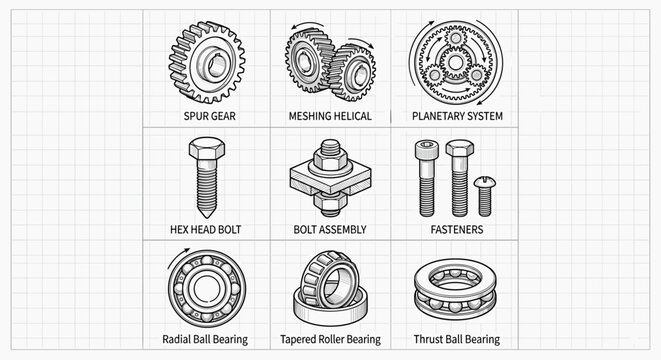Collection of mechanical engineering components including gears, bolts, and bearings