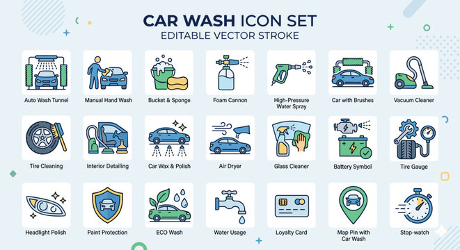 Car wash icons set for automotive cleaning and maintenance services