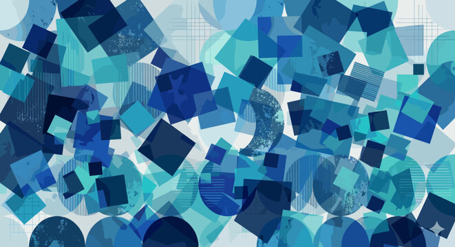 Abstract geometric pattern with overlapping squares and circles in various shades of blue