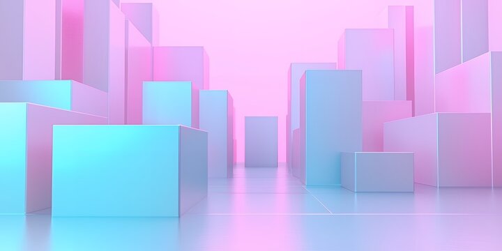 Bright pastel colored 3d geometric city blocks with soft pink and cyan gradients on a glossy white floor for modern backdrops