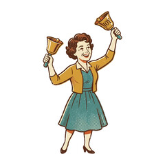 Fototapeta premium Woman ringing bells - Joyful vintage illustration