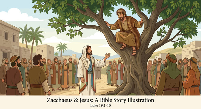 Jesus encounters Zacchaeus in a tree, a biblical scene of redemption and forgiveness