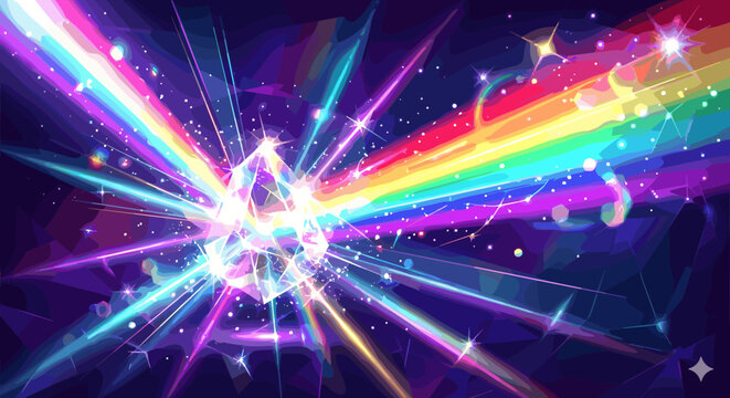 Vibrant rainbow light beams exploding from a sparkling crystal in a dark galaxy
