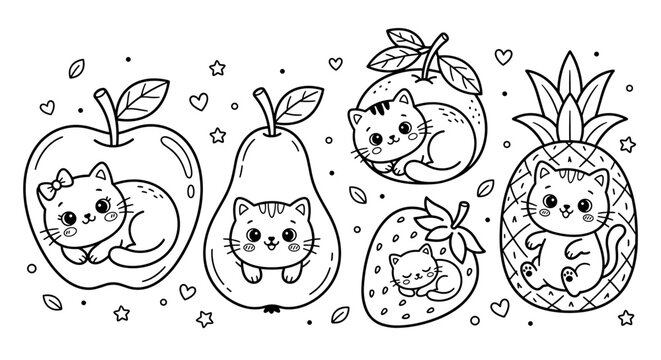 Cute cartoon kittens nestled inside various fruits like apples, pears, and pineapples