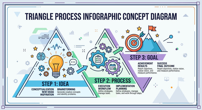 Triangle process infographic concept diagram illustrating idea, process, and goal steps