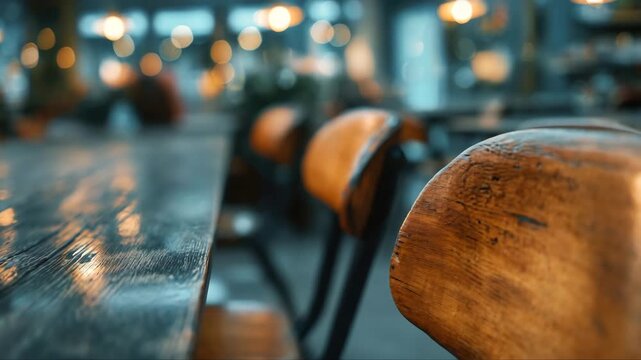 Wooden chairs with warm brown tones and polished surfaces positioned around a rustic table in a cozy cafe setting with soft ambient lighting and blurred background elements