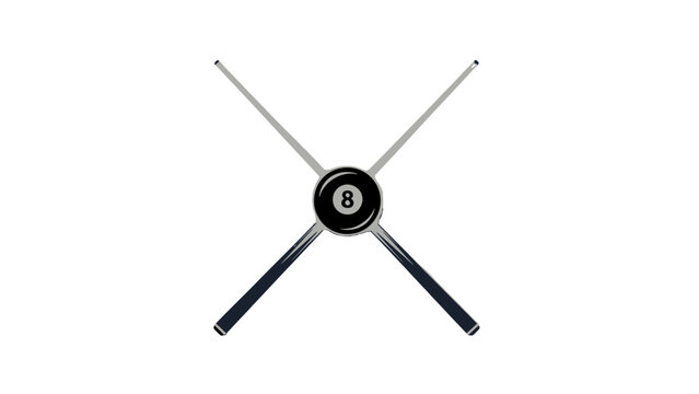 Minimalist Crossed Billiard Cues and Eight Ball Icon Symbol, isolated white background.