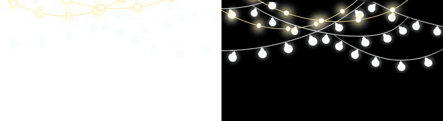 Obraz premium PNG image of Glowing string lights with hanging white bulbs, festive fairy light garlands for celebration, decorative outdoor party lighting illustration isolated on Transparent Background