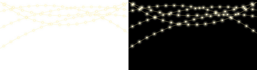 PNG image of Glowing Christmas fairy lights, hanging golden string lights for festive celebration, decorative sparkling bulb garland for wedding and party events isolated on Transparent © NURUN