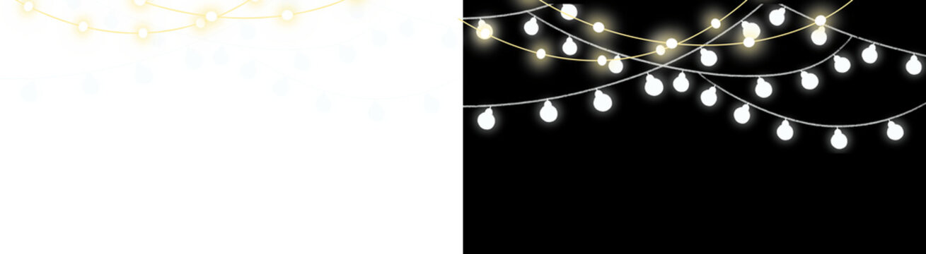 PNG image of Glowing string lights with hanging white bulbs, festive fairy light garlands for celebration, decorative outdoor party lighting illustration isolated on Transparent Background