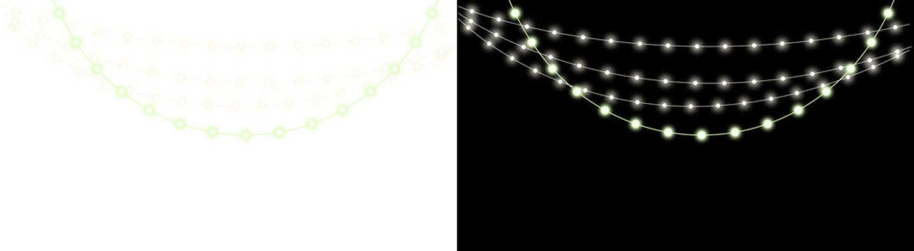PNG image of Glowing string lights hanging in swags, festive fairy light garlands for celebration decor, white luminous bulbs isolated on Transparent Background