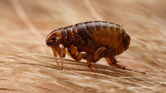 Extreme macro close-up of a flea crawling on animal fur
