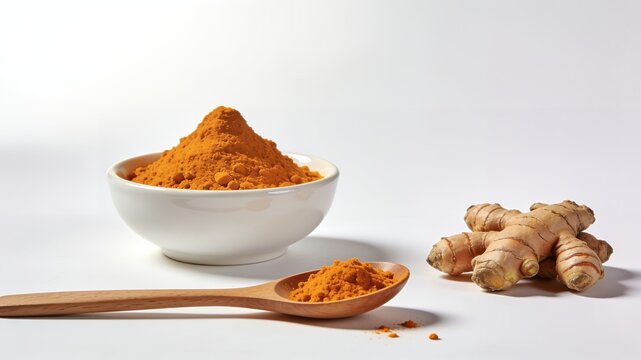 Turmeric powder in a white bowl and wooden spoon next to fresh curcuma root isolated on white background