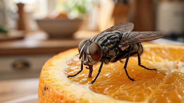Housefly feeding on a juicy orange slice, food contamination
