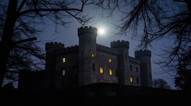 Dark stone castle with lit windows stands under bright full moon. Misty night sky with bare trees frames imposing medieval fortress. Eerie gothic architecture looms on hill.