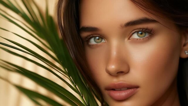 A striking close-up portrait showcases a woman with fair skin and light eyes, holding a palm leaf against a soft beige backdrop. Her natural look is emphasized by the simple yet elegant styling.