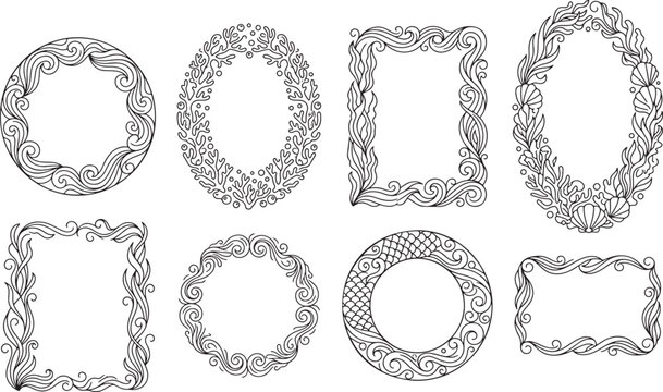 Set of hand drawn marine frames with sea waves, coral and seashells