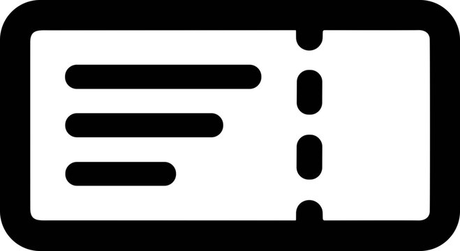 Simple black and white ticket icon with perforation lines, isolated on white background.