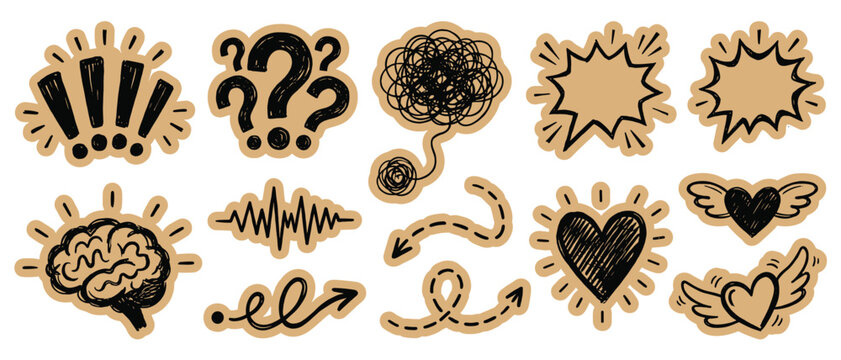 Cutout Scrapbook Doodle Sticker Vector Set with Speech Bubble Heart Brain and Question Mark on Kraft Paper
