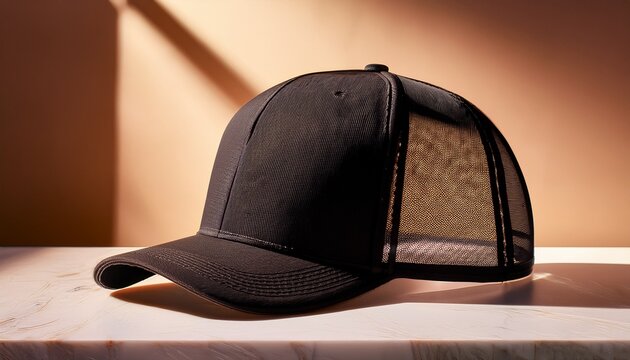 black mesh trucker cap resting on a marble pedestal bathed in warm soft light minimalist elegant calm mood