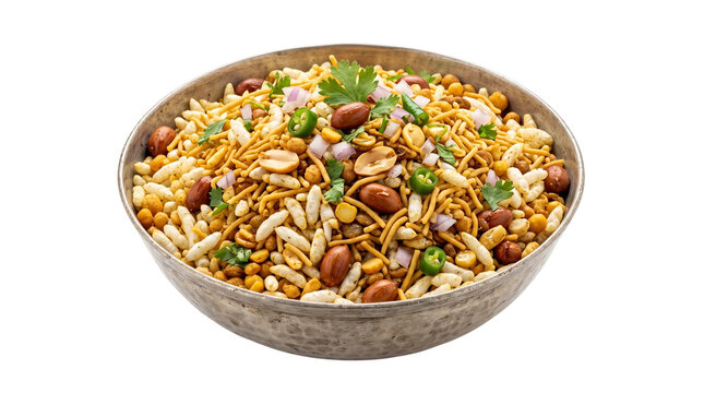 Traditional indian snack bhel puri, served in a metal bowl, offering a crunchy and flavorful experience.