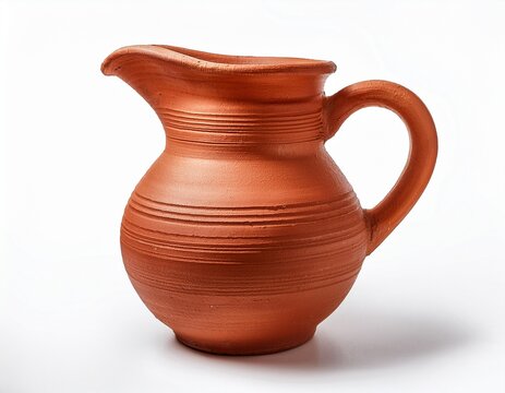 rustic terracotta earthenware jug on white background