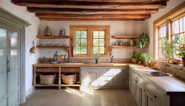 rustic french country kitchen interior with wooden beam copper pot and farmhouse sink in mediterranean provence style