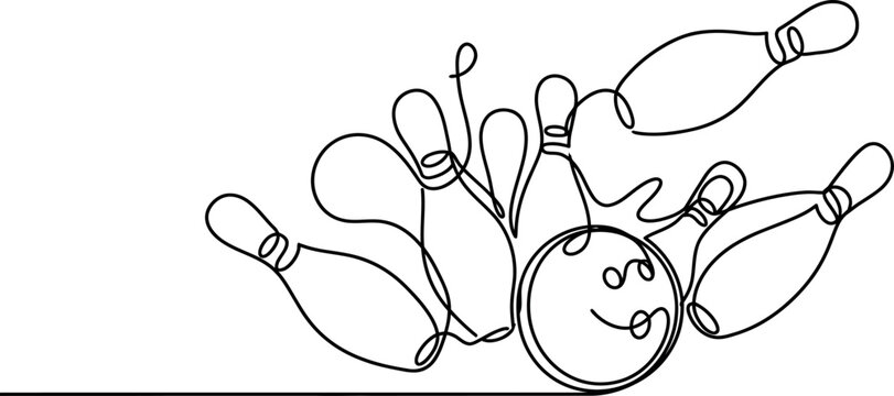 Continuous line drawing of a bowling ball knocking down pins isolated on transparent background