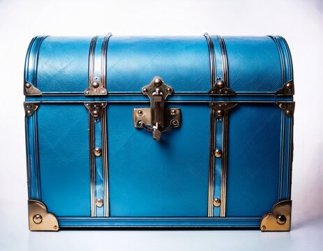 antique style blue storage trunk with metal clasps and handle