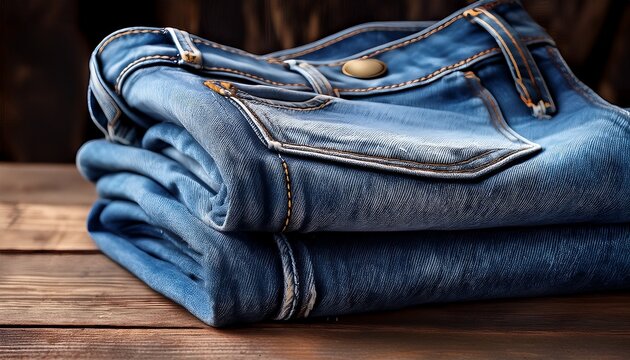 close up of folded blue denim jeans showing front pocket stitching and metal button on a rustic wooden surface conveying casual rugged warmth
