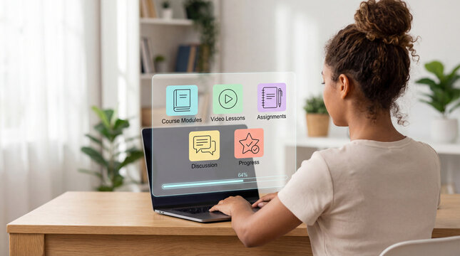 Back view of young female student using e-learning platform with course modules assignments and progress tracking, with digital dashboard appearing over laptop keyboard