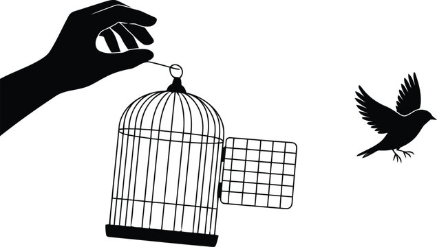 Hand opening bird cage for letting bird fly vector illustration.