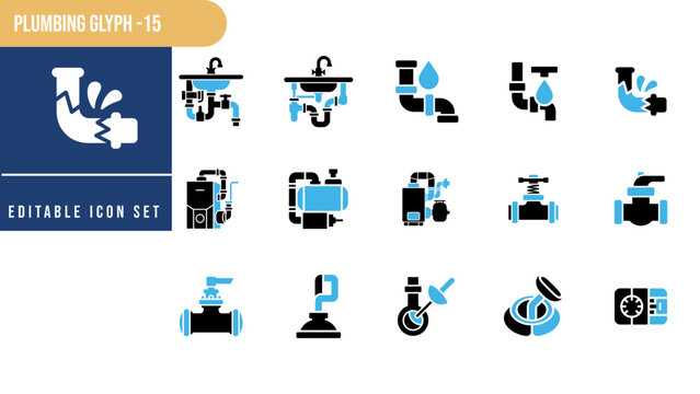 A set of blue and black plumbing depicting broken pipes, leaking water, sink drains, boilers, valves, and various maintenance tools for residential repair services