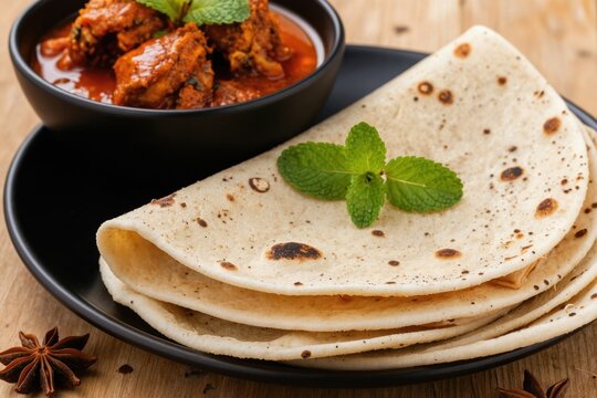Indian chicken curry served with flatbread roti. Spicy traditional dish from Kerala Tamil Nadu garnished with mint leaves. Popular breakfast meal.