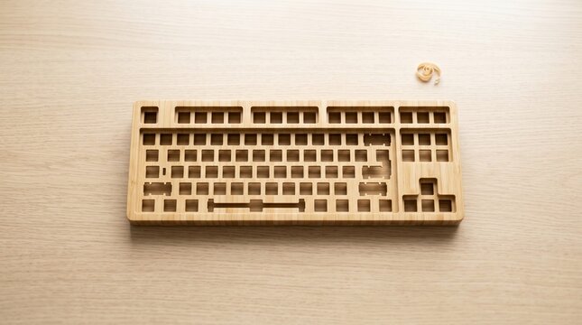 Wooden keyboard layout on wooden surface with keycap removed  