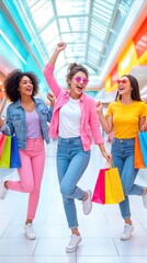 Obraz premium Group of diverse women cheering and jumping with colorful shopping bags in modern retail center. Friends celebrating successful retail therapy during weekend sale.