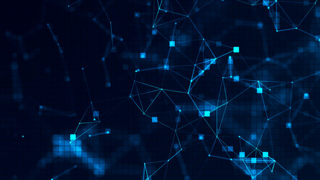 This abstract visualization of a digital network features interconnected nodes and lines against a dark blue background. The geometric structure symbolizes data transfer, computing, and modern communi