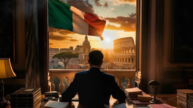 A figure looks out over Rome. The Italian flag waves gently at sunset, with the Colosseum and the city stretching into the distance. The scene is captured from inside a study.