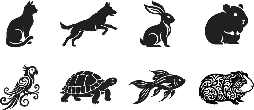 Collection of diverse domestic pet animal silhouettes including cat, dog, rabbit, and fish for vector graphic design projects