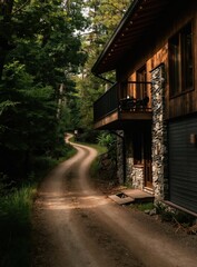 Obraz premium Wooden cabin with stone accents sits beside winding dirt path. Balcony overlooks forest edge. Secluded retreat offers peaceful nature escape. Rural home vacation.