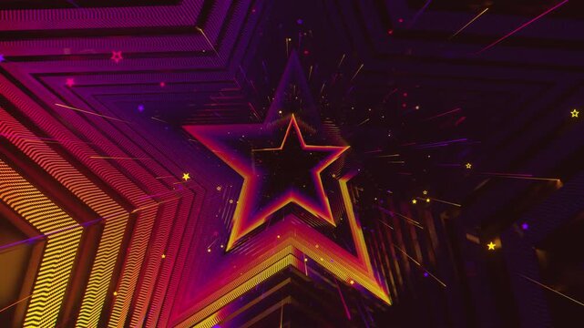 4k seamless VJ loop of a futuristic star-shaped tunnel. Abstract digital vortex with rhythmic motion and geometric elements, for electronic music festivals, high-tech club visuals, stage screens.