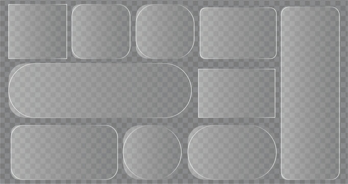  large set of transparent glass or acrylic plate shapes including rounded squares, rectangles, pills, and ovals on a checkered background, ideal for UI buttons, badges, frames, and product mockup over