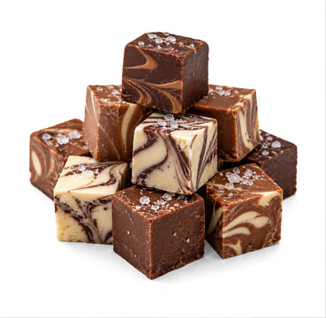 Chocolate fudge cubes stacked on top of each other cut out