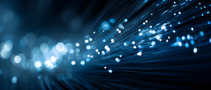 Ultrawide Macro of Glowing Fiber Optic Threads Fanning Out With Soft Blue Bokeh Lights High Speed Data Transfer Technology Background