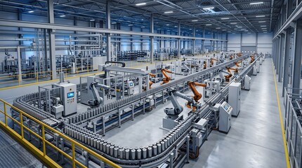 Fototapeta premium Wide Photorealistic Shot of a Battery Factory With a Long Automated Production Line and Rows of Orange Robotic Arms Energy Storage Manufacturing