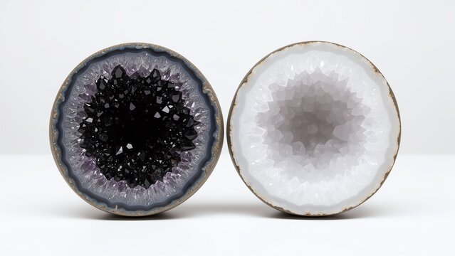 Cut in half mineral geode with black and white quartz crystals