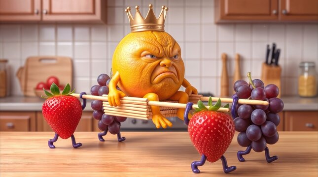 Anthropomorphic orange wearing crown carried on litter by strawberries and grapes. Surreal kitchen scene with fruit characters in humorous power dynamic.