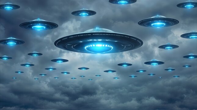 Fleet of unidentified flying objects hovering in cloudy sky. Extraterrestrial spacecraft invasion concept.