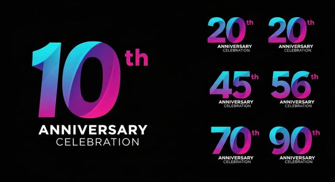 Modern Anniversary Celebration Logo Set with Gradient Numbers 10th 20th 45th 56th 70th 90th on Black Background