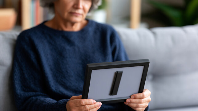 Grieving Woman Holding Framed Photo Remembers Lost Loved One On Sofa
